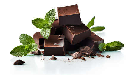 Pieces of dark chocolate with mint leaves isolated on white background.の素材