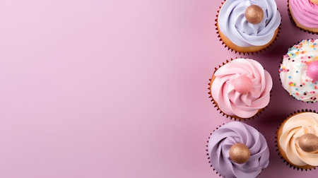 Colorful cupcakes on pink background. Copy space. Top view.の素材