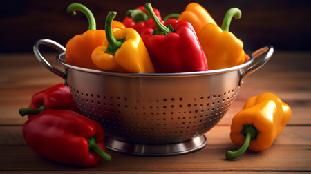 Colorful peppers in a metal colander on a wooden background.の素材