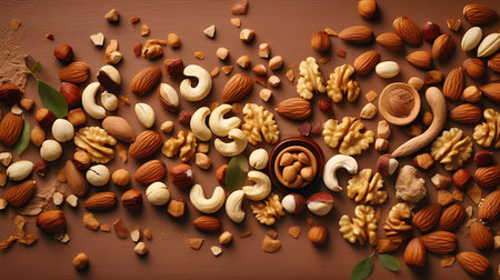 Healthy food background. Nuts mix on brown background. Top view.の素材