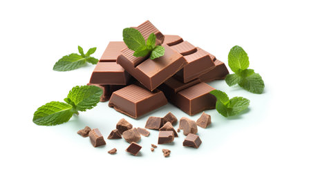 Pieces of chocolate with mint leaves isolated on a white background.の素材