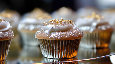 Cupcakes with buttercream frosting and golden sprinkles on a dark backgroundの素材