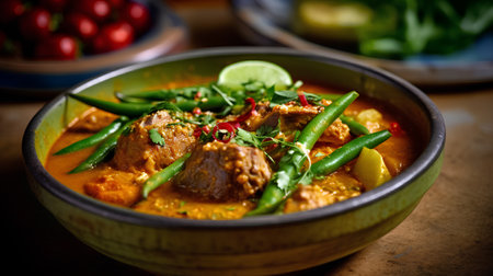 Thai spicy curry with pork in bowl on wooden table background.の素材
