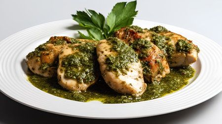 Grilled chicken breast with pesto sauce on a white plate.の素材