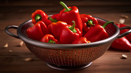 Red bell peppers in a colander on a wooden background. Selective focus.の素材