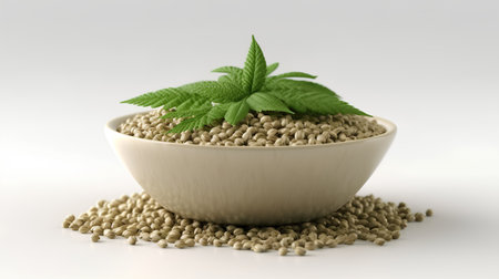 Organic hemp seeds in a bowl isolated on white background. 3d illustrationの素材