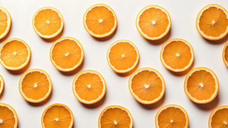 Creative food pattern made of orange slices on white background. Flat lay, top viewの素材