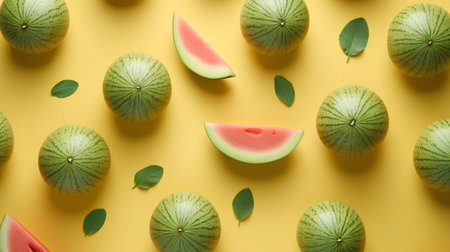 Creative pattern made of watermelons and green leaves on yellow backgroundの素材
