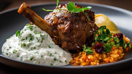Rack of lamb with rice and sauce on a wooden table.の素材