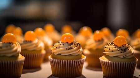 Close up of cupcakes decorated with orange frosting and sprinklesの素材