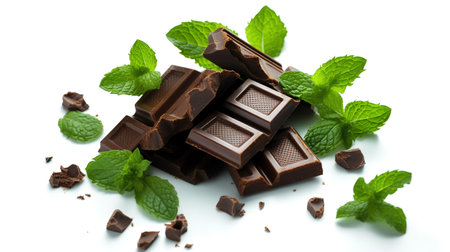 Pieces of dark chocolate with mint leaves isolated on white background.の素材