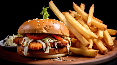 Hamburger with French fries on a wooden board on a black backgroundの素材