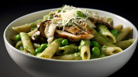Penne pasta with chicken, green peas and parmesan cheeseの素材