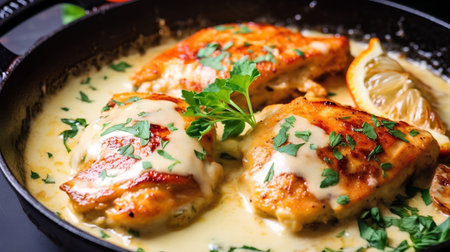 Chicken breast with sauce and lemon in a pan. Selective focus.の素材