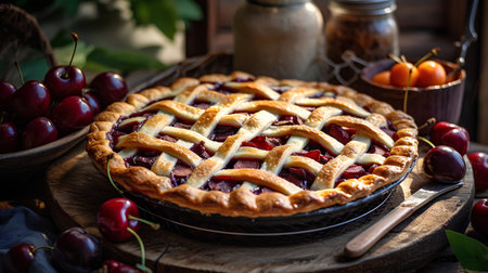 Homemade cherry pie with fresh cherries on rustic wooden backgroundの素材