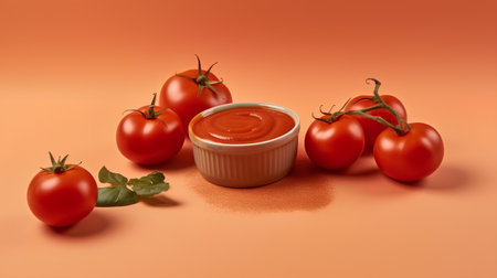 Tomato sauce in a bowl and fresh tomatoes on an orange backgroundの素材