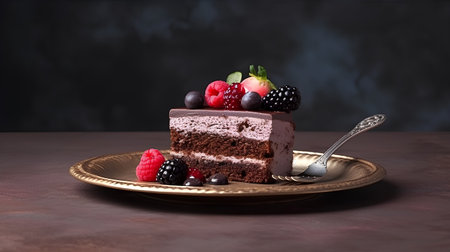 Piece of chocolate cake with berries on a plate on a dark backgroundの素材