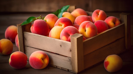 Ripe peaches in a wooden box on a wooden background.の素材