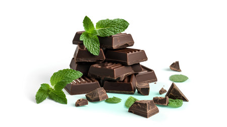 Pieces of dark chocolate with mint leaves isolated on white background.の素材