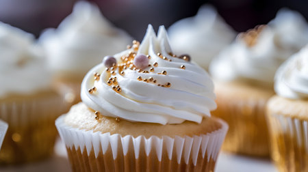 Cupcakes with white frosting and golden sprinkles on topの素材