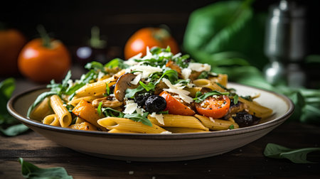 Penne pasta with mushrooms, tomatoes, cheese and arugula on a wooden tableの素材