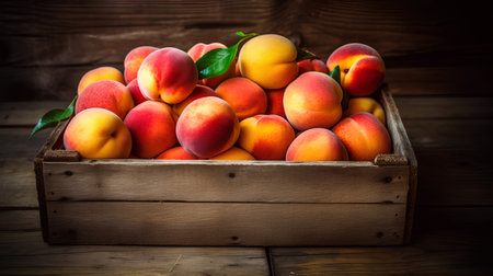 Fresh ripe apricots in a wooden box on a wooden backgroundの素材
