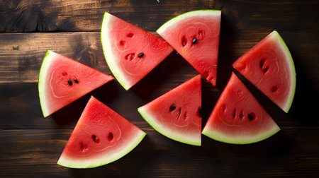 Slices of watermelon on wooden background. Top view.の素材