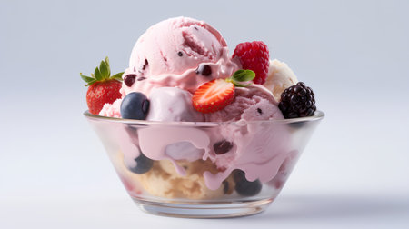 ice cream with berries in a glass bowl on a light background.の素材