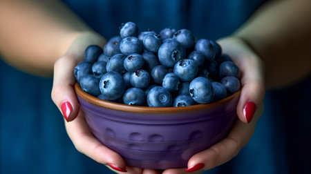 Blueberries in a bowl in the hands of a girl on a blue backgroundの素材