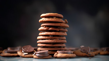 Chocolate chip cookies stacked on top of each other on a dark backgroundの素材