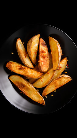 Fried potato wedges on black plate isolated on black background.の素材