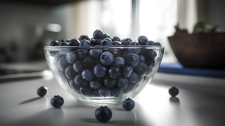 Blueberries in a glass bowl on a kitchen table. Toned.の素材