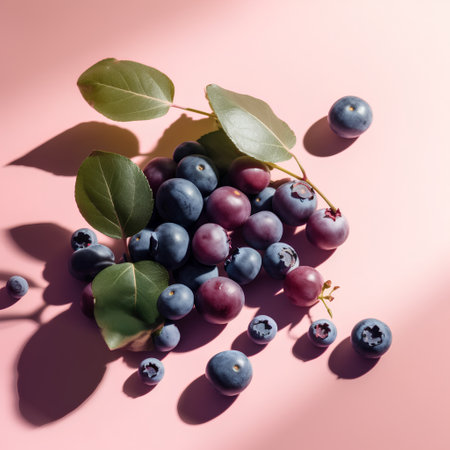 Blueberries with leaves on pink background. Flat lay, top view.の素材