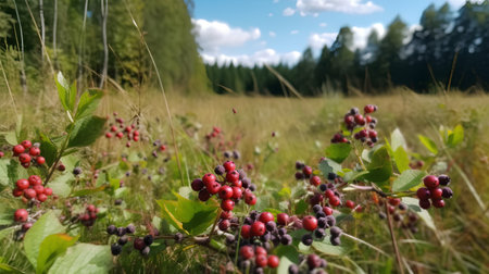 Bunch of red berries on a green meadow in the summerの素材