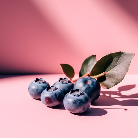 fresh blueberries with leaves on pink background, concept of healthy nutritionの素材