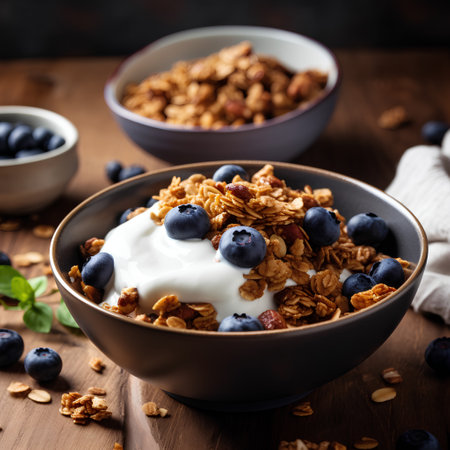 Bowl of granola with yogurt and blueberries on wooden tableの素材