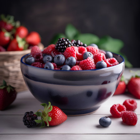 Fresh berries in a bowl on a wooden background. Selective focus.の素材