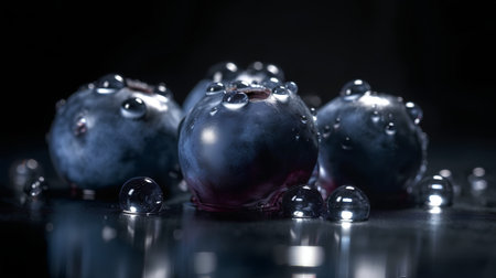 Blueberries with water drops on a black background, close-upの素材