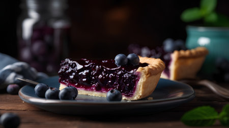 Blueberry tart on a dark wooden background. Selective focus.の素材