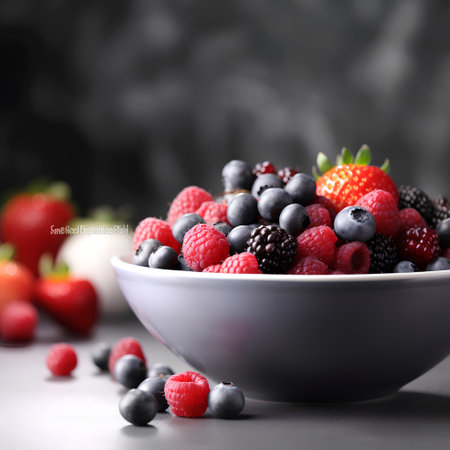 Fresh berries in a bowl on a dark background with copy space.の素材