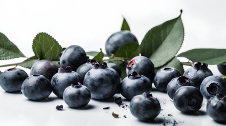 Fresh blueberries with green leaves on a white background. Selective focus.の素材