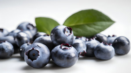 Fresh blueberries with green leaves on a white background. Close-up.の素材