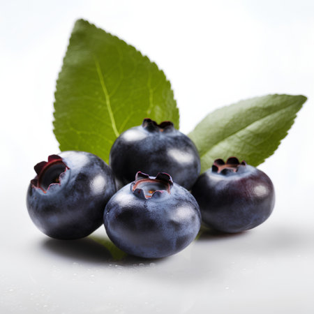 Fresh blueberries with green leaves on white background. Close up.の素材