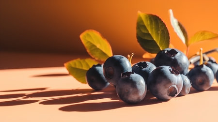 Blueberries with leaves on orange background. Shallow depth of field.の素材