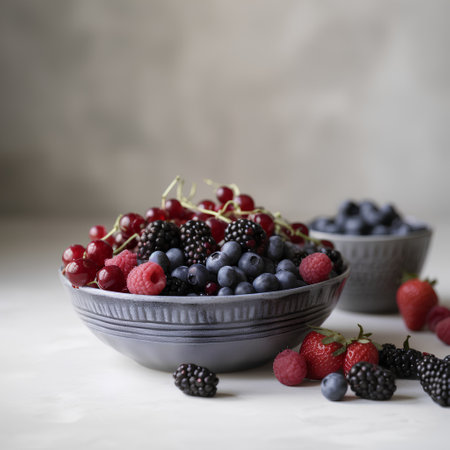 Blackberry, raspberry, blueberry and currant in a bowlの素材