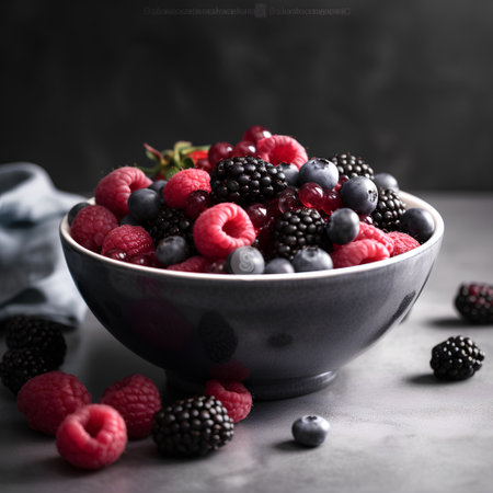 Blackberry, raspberry and blueberry in a bowl on a gray background.の素材