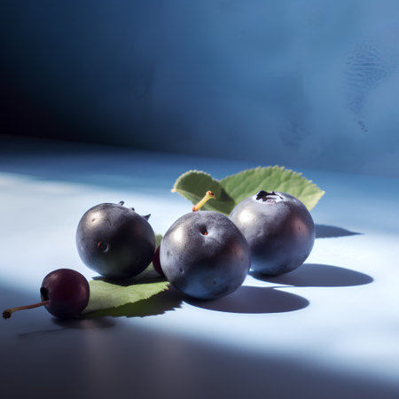 Fresh blueberries and cherries on a blue background. Selective focus.の素材