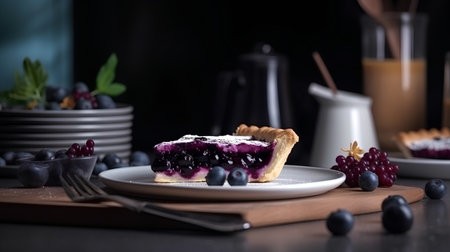 Delicious blueberry tart with fresh berries on a black background.の素材