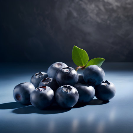 Blueberries with leaves on a dark blue background. Blueberry antioxidant.の素材