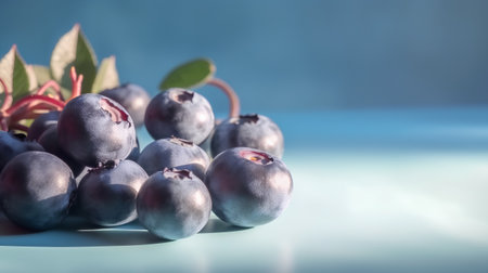Blueberries on a blue background. Shallow depth of field.の素材